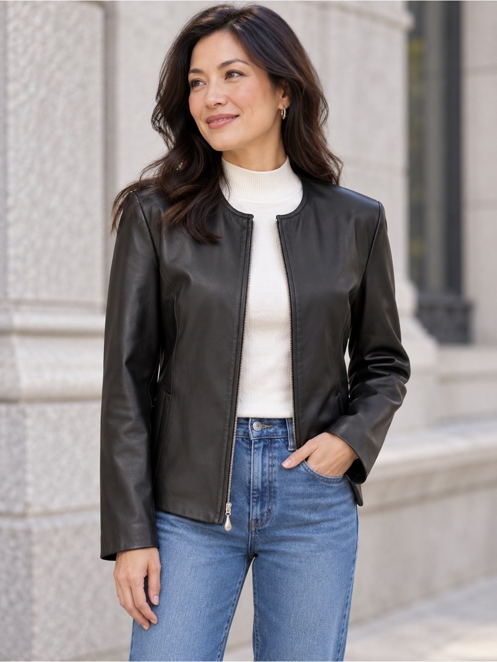 Vintage Leather Jacket L Black 90s Minimalist Collarless Dimension New York. L